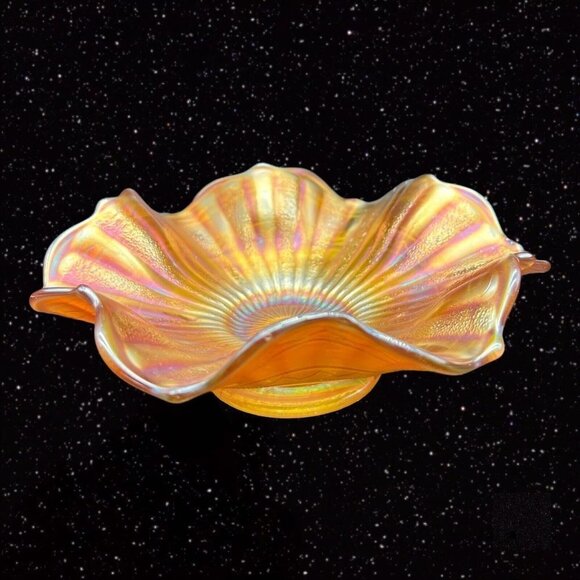 Fenton Glass Stippled Rays Scale Band Exterior Iridescent Bowl Marigold 6.5”W 2” - Picture 4 of 12